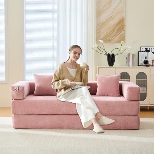 Convertible Sleeper Sofa Bed with Cylindrical Pillow, Corduroy Folding Mattress Couch with Fixed-Shape Frame
