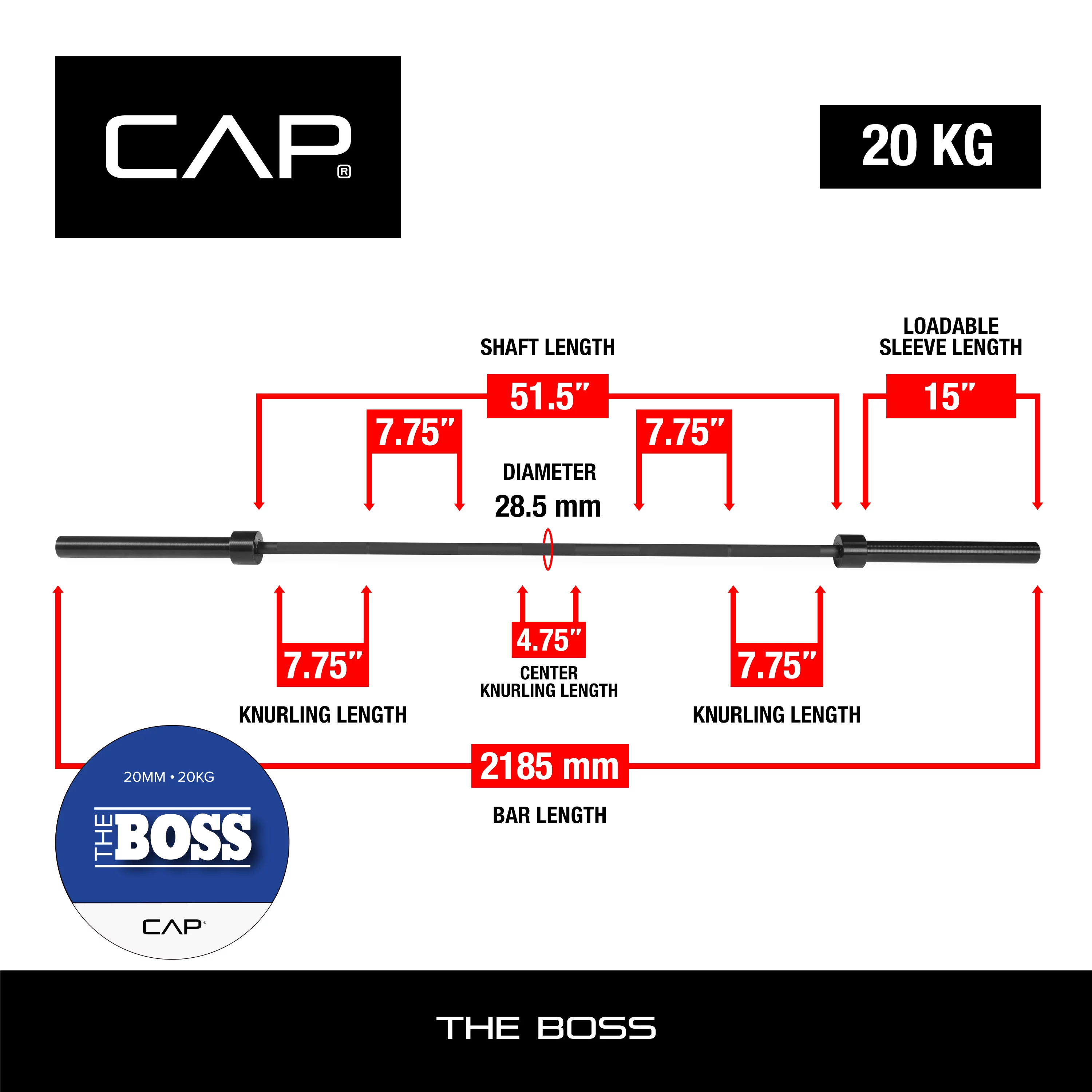 CAP Barbell Weightlifting 7 Ft. Olympic Solid Power Squat Bar, Black