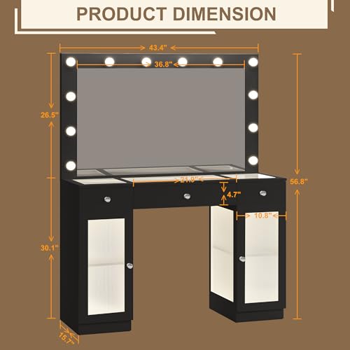 Vanity Desk with Large Mirror and Lights, Glass Top Makeup Vanity with Lights & Power Outlet for Bedroom, 3 Color Lighting Modes