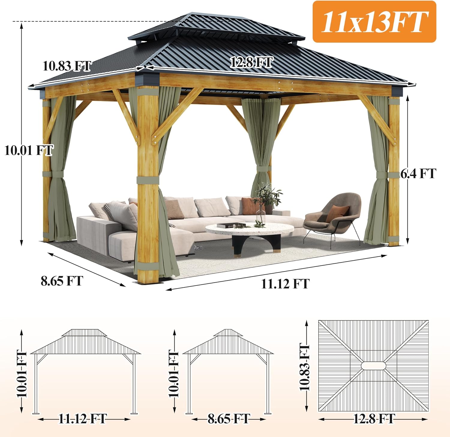 11’x13’ Patio Wooden Gazebo, Galvanized Steel Roof Gazebo with Olive Green Curtains and Netting, Double Vented Roof Hardtop Gazebo for Garden, Porch