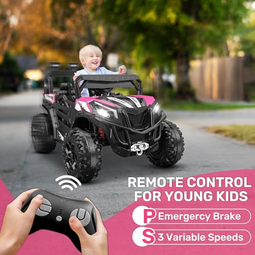 ANPABO 24V 4X4 Ride on Car Truck w/Remote Control, 4WD/2WD Switchable Kids UTV, 19" Spacious Seat, 4 Shock Absorbers, Soft Start, Music Player