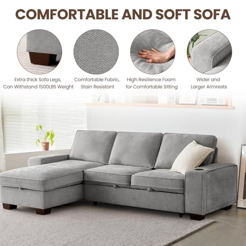 ASHOMELI 99" Convertible Sleeper Sofa Bed,L Shaped with Storage Chaise Pull Out Couch for Living Room,USB and Type-C