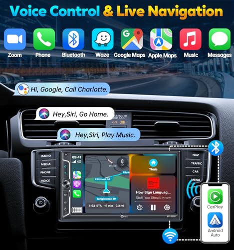 PLZ 7" Wireless Double Din Car Stereo Apple Car Play Radio Carplay Android Auto QLED Touch Screen, Bluetooth 5.3 Audio Receivers, 1080P Backup Camera