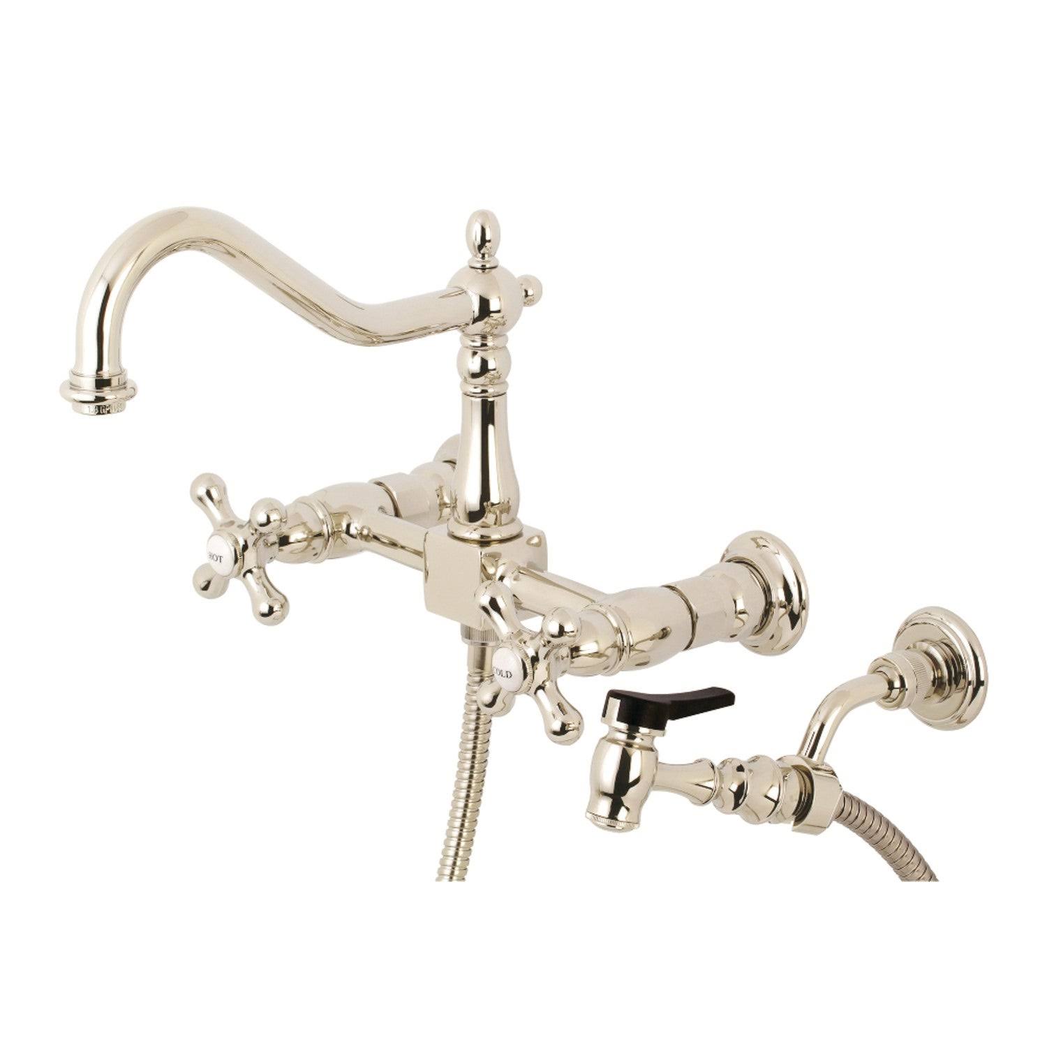 Heritage Two-Handle Wall Mount Bridge Kitchen Faucet with Brass Sprayer - Antique Copper