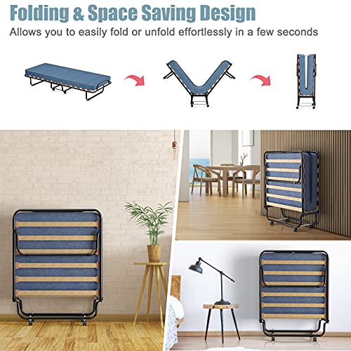 Giantex Folding Bed with 3" Mattress for Adults, Made in Italy, Rolling Foldaway Guest Bed, Memory Foam Mattress, Sturdy Metal Frame