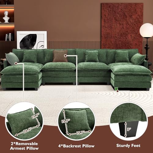 Ihanherry 111.4" U Shaped Modern Cloud Sofa Modular Sectional Couch with 2 Ottoman, 5-Seat Chenille Deep Seat Sofa with Pillow for Living Room
