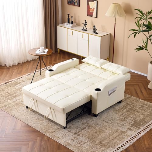 VINGLI Light Green Futon Sofa Bed Convertible Loveseat Sleeper Couch, Faux Leather Pullout Sofa Fold Out Couch Bed with USB Ports, Cup Holders