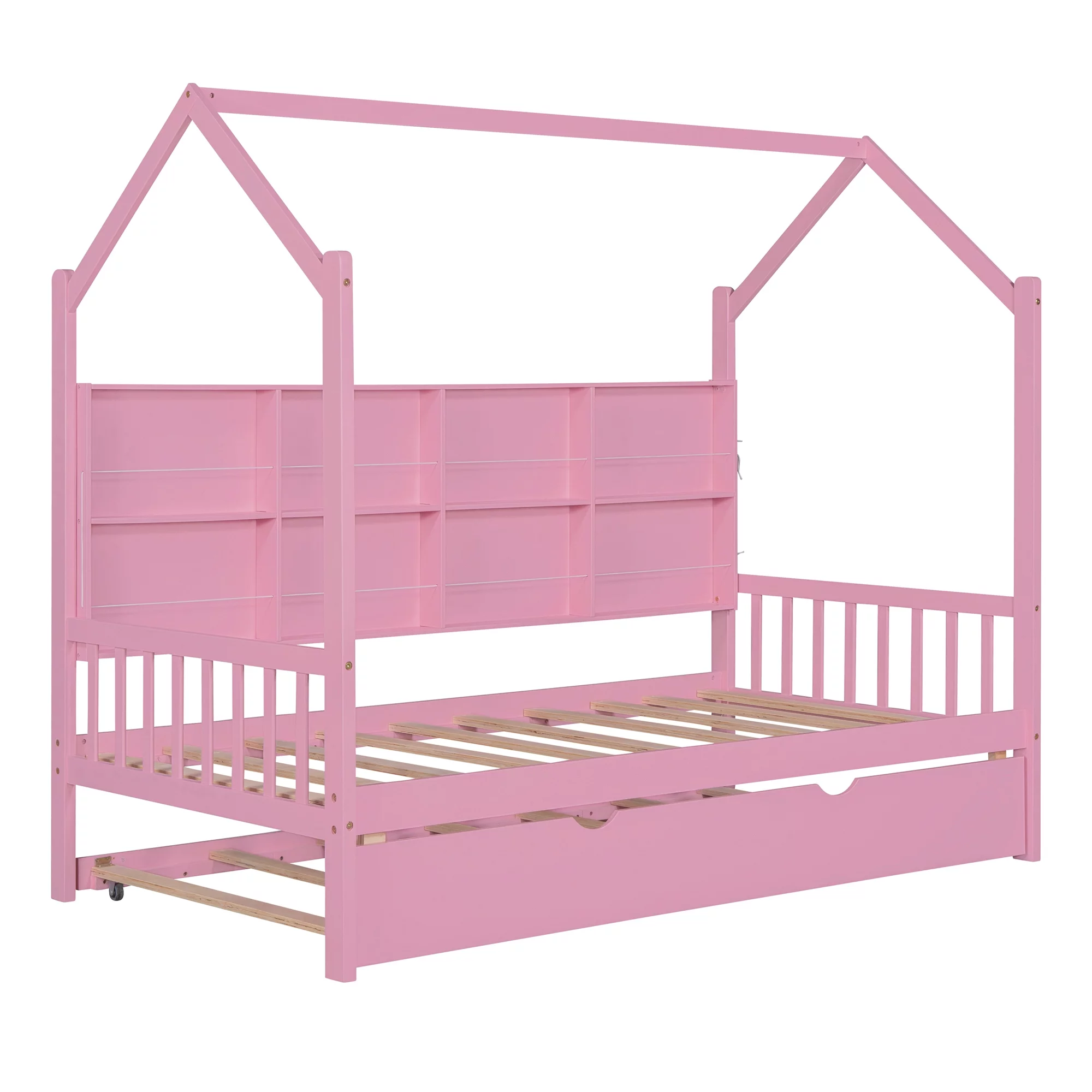 Swivelife Wooden Twin Size House Bed with Trundle,  Kids Bed with Shelf for Kids Room, Pink