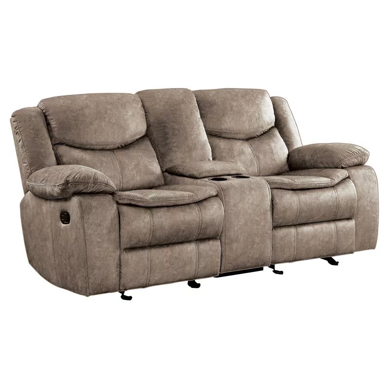 Lexicon Bastrop Fabric Double Glider Reclining Loveseat with Console in Brown