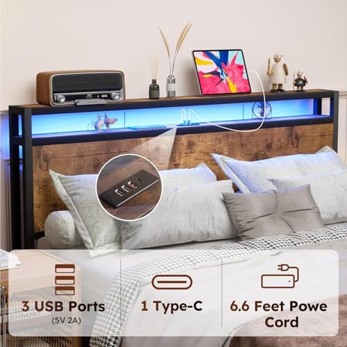 Full Size Bed Frame with Headboard, LED Platform Bed with 4 Storage Drawers, Built in Charging Station, Noise-Free, Metal Support Base