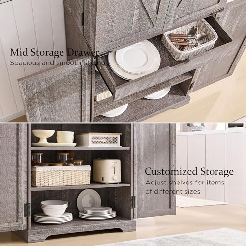 72" Tall Kitchen Pantry, Farmhouse Storage Cabinet with Barn Doors, Organizer, Drawer and Adjustable Shelves, Rustic Wood Cupboard for Kitchen