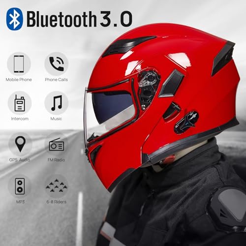 ILM Bluetooth Motorcycle Helmet Modular Flip up Full Face Dual Visor Mp3 Intercom FM Radio DOT Model 902BT(Matte Black, Large)