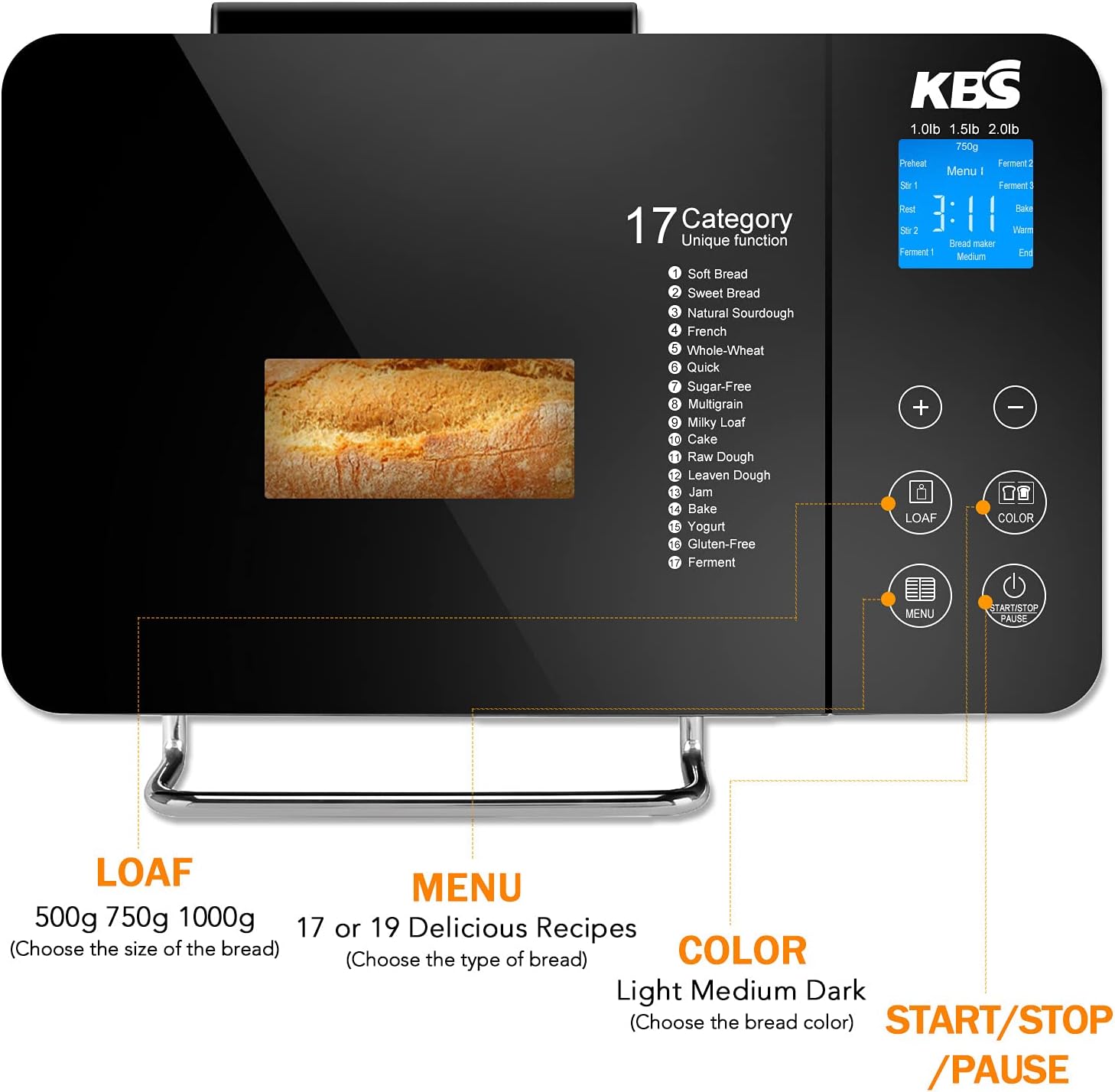 KBS Pro Stainless Steel Bread Machine, 2LB 17-in-1 Programmable XL Bread Maker with Fruit Nut Dispenser, Nonstick Ceramic Pan& Digital Touch Panel
