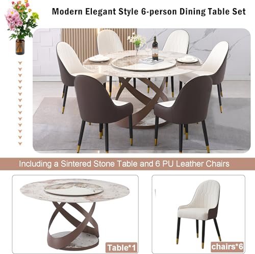 Modern Round Dining Table, 59" Sintered Stone Dining Table with Detachable Lazy Susan for 8 People