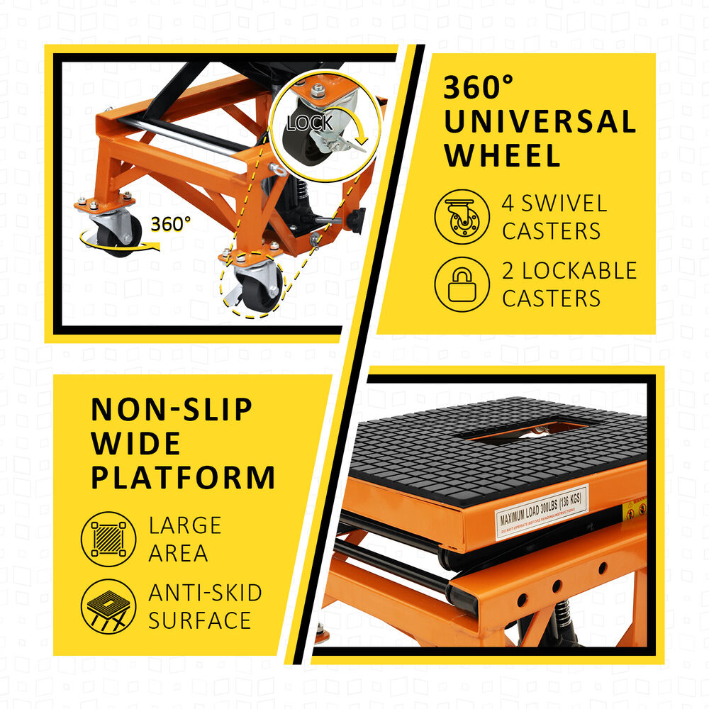 350lbs Hydraulic Motorcycle Lift Table 4 Wheels ATV Dirt Bike Scissor Jack Stand
