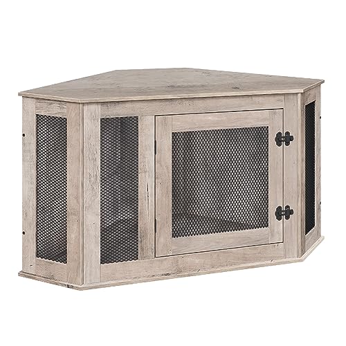 Corner Dog Crate Furniture, Wooden Dog Kennel End Table, Decorative Pet Crate Indoor Use, Furniture Style Dog House for Small Medium Dog