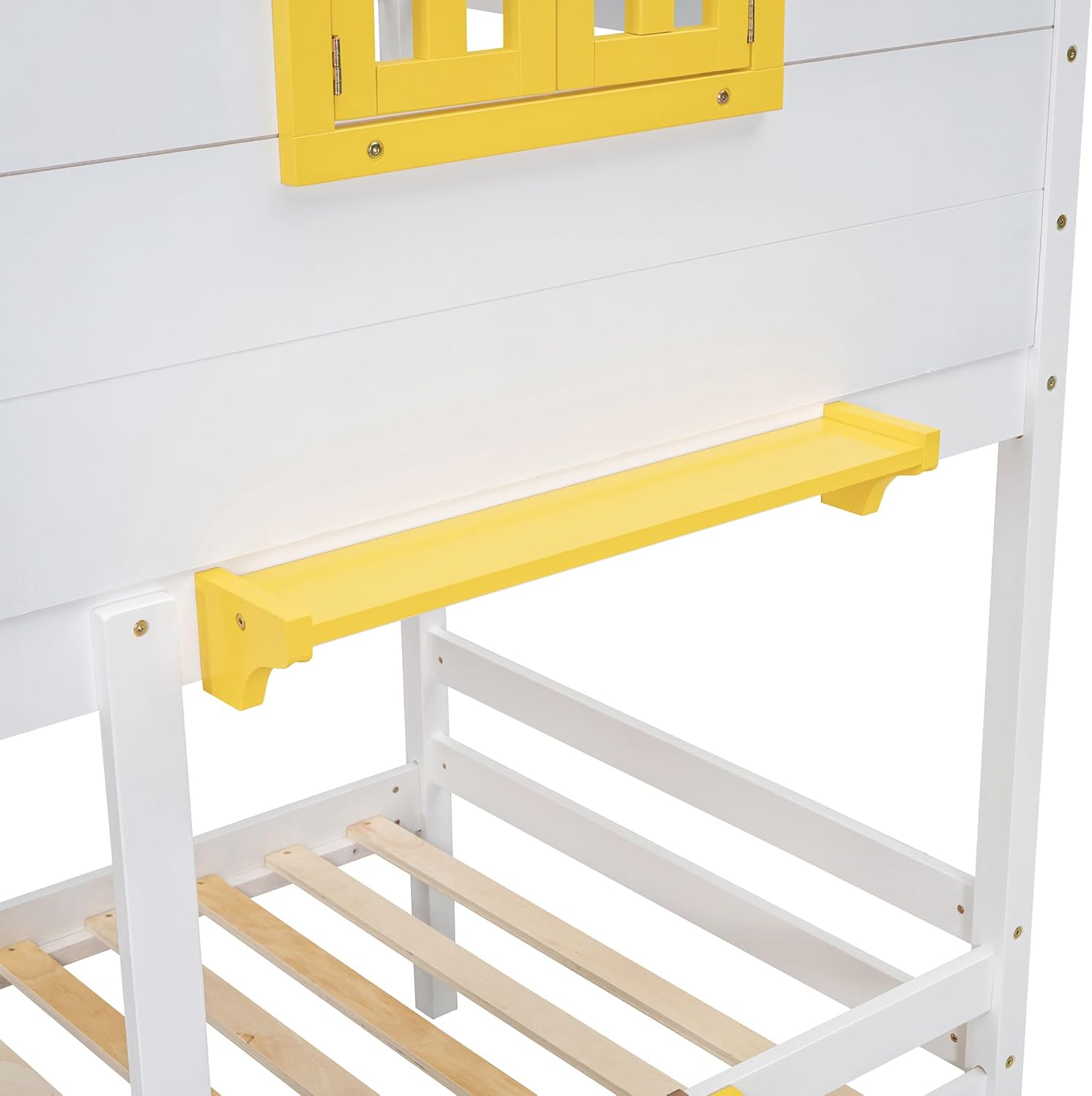 Multi-Functional Bunk Bed for Kids, Twin Size House Bunk Bedframe with Yellow Window & Two Storage Drawers, Open Shelves & Boxes