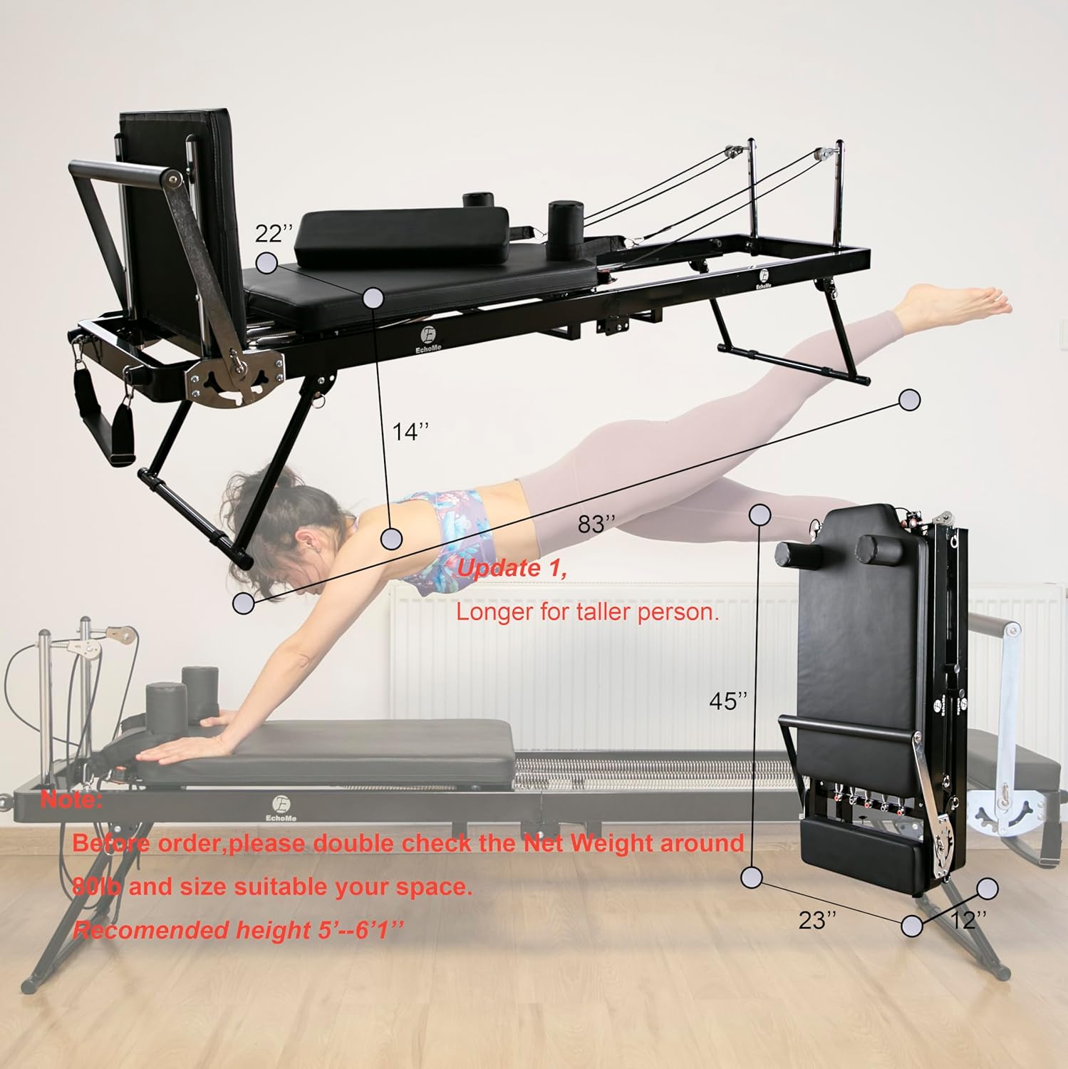 Foldable Pilates Machine Equipent for Home, Pilates Reformer with Alloy Springs Resistances, Updated Longer Size(Darker)