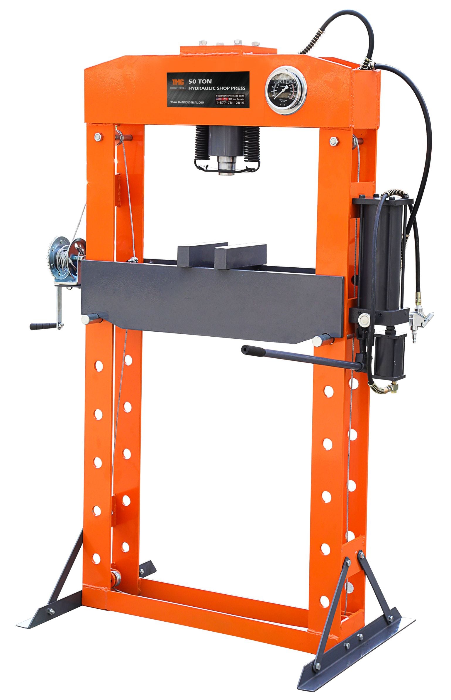 TMG-SP50 50 Ton Capacity Hydraulic Shop Press, Heavy Duty Pressing, Air and Manual Dual Operating, 125 PSI