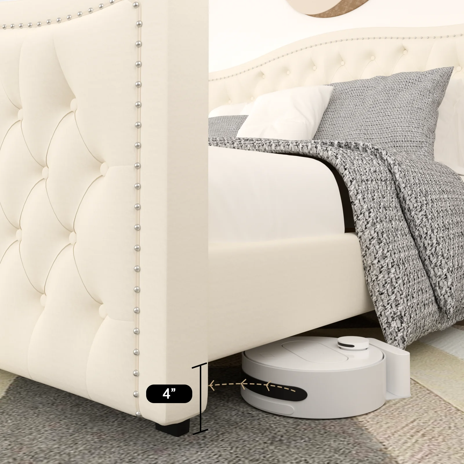 Nathaniel Home Jennifer King Beds, Velvet Upholstered Tufted Bed, Platform Bed Frame with Diamond, Low Profile Platform Beds Strong Wooden Slats White