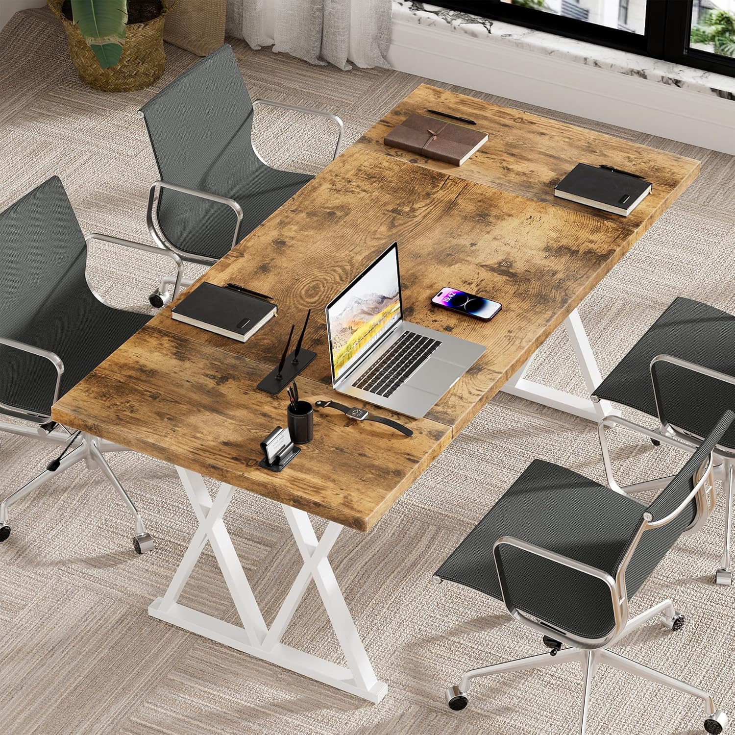 70.8 Inches Home Office Computer Desk, Large Executive Desk with X Shaped Metal Legs & Adjustable Feet