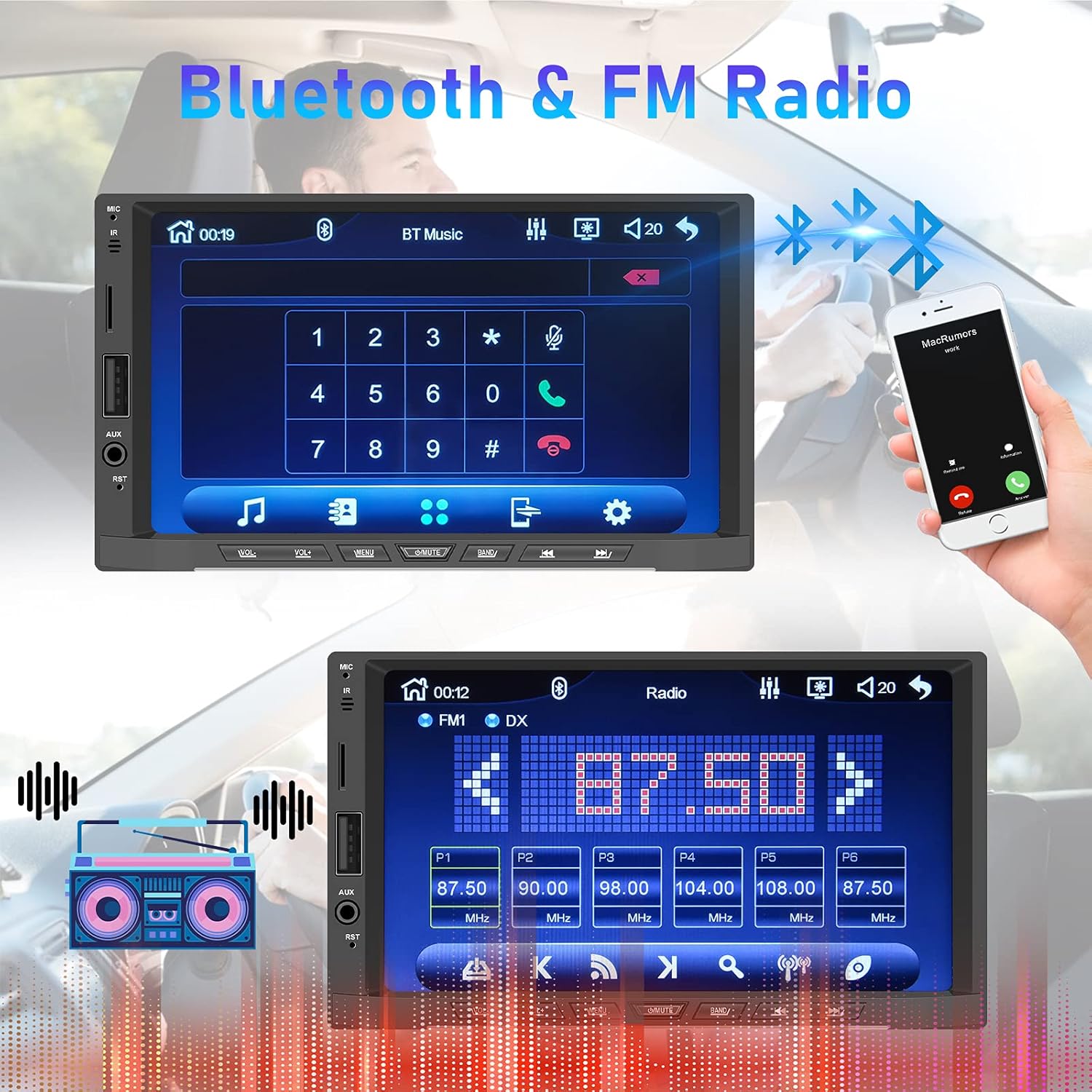 Double Din Car Stereo Radio with Carplay and Android Auto, AMprime 7'' Touch Screen Universal Car Multimedia Player with Bluetooth, FM Radio