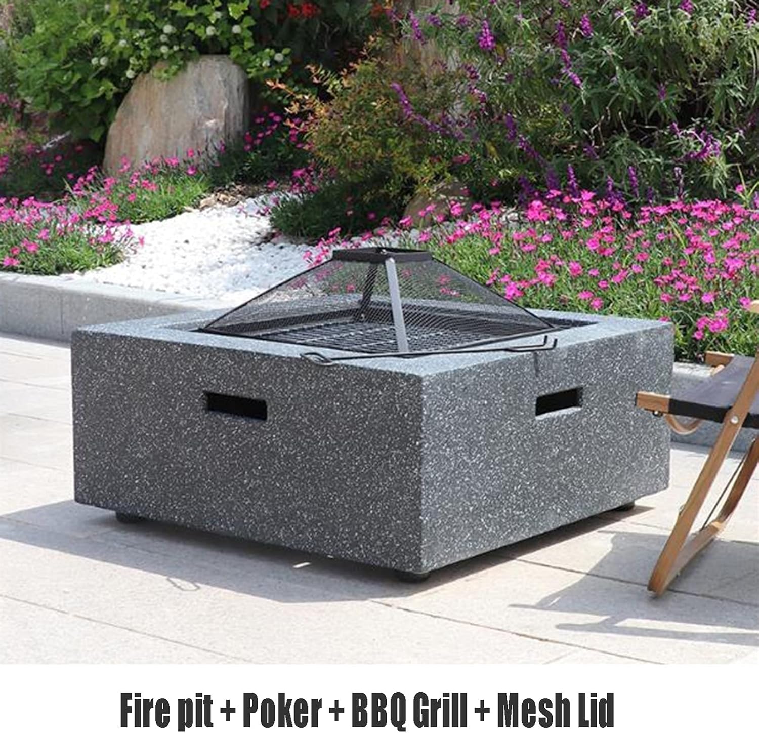 Fire Pits Outdoor Garden Wood-Burning Fire Pit BBQ Table, Outdoor Backyard Patio Fireplace Fire Bowl, with Sparkle Screen Cover and Poker