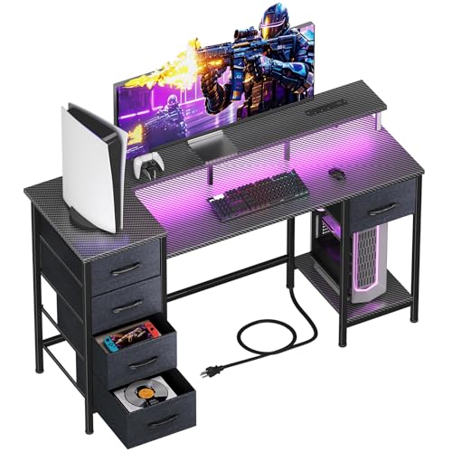 47 Inch Computer Gaming Desk with Power Outlets LED Lights Reversible Home Office with Adjustable Fabric Storage Drawers for Working Writing Study