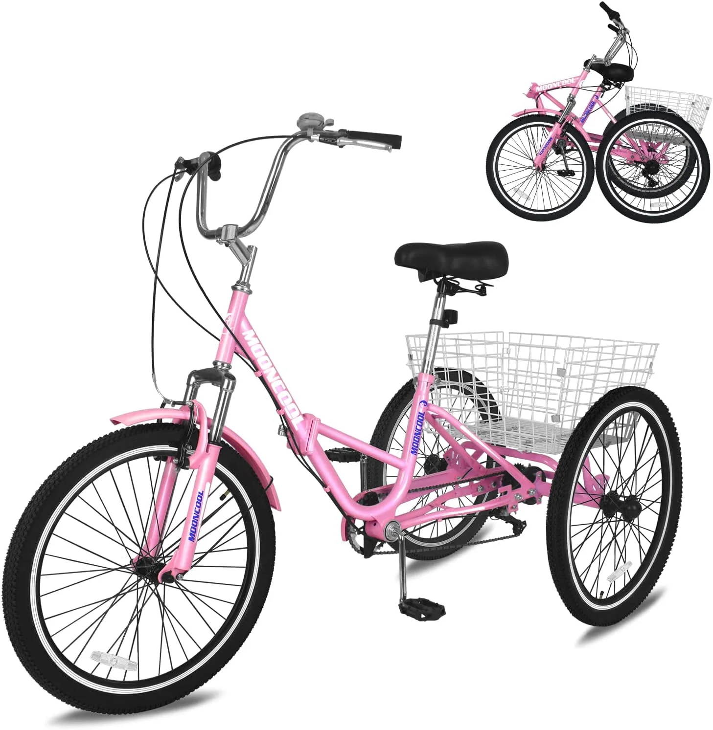 MOONCOOL Adult Folding Tricycle for Adults, 7 Speed 20/24/26 inch 3 Wheels Bikes with Basket, Foldable Tricycle for Adults, Women, Men, Seniors