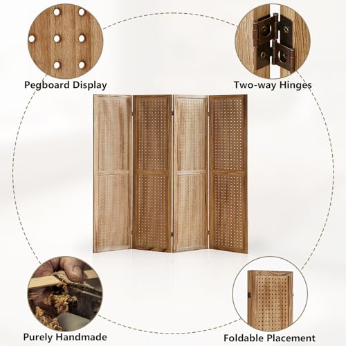4 Panel Room Dividers and Folding Privacy Screens, 5.6Ft Wooden Pegboard Display, Privacy Dividers for Bedroom