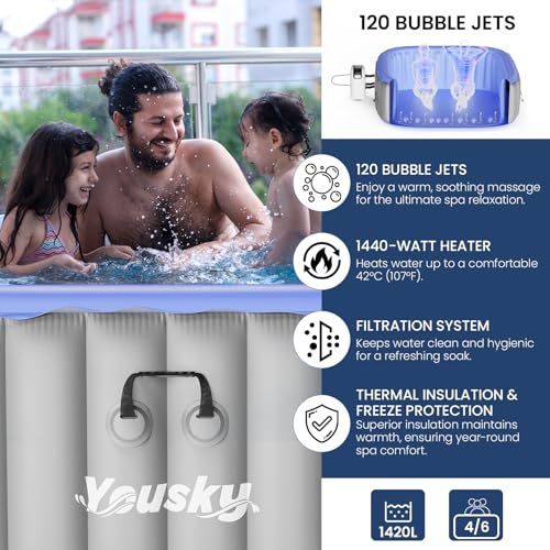Inflatable Hot Tub 6-8 Person – Portable with 120 Bubble Jets, 42°C Heating & Filtration System, Durable PVC Material, Hot Tub Cover