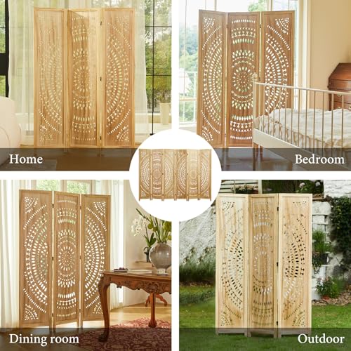 66.9Inch Folding Room Divider, 6 Panels Wood Carved Privacy Screens