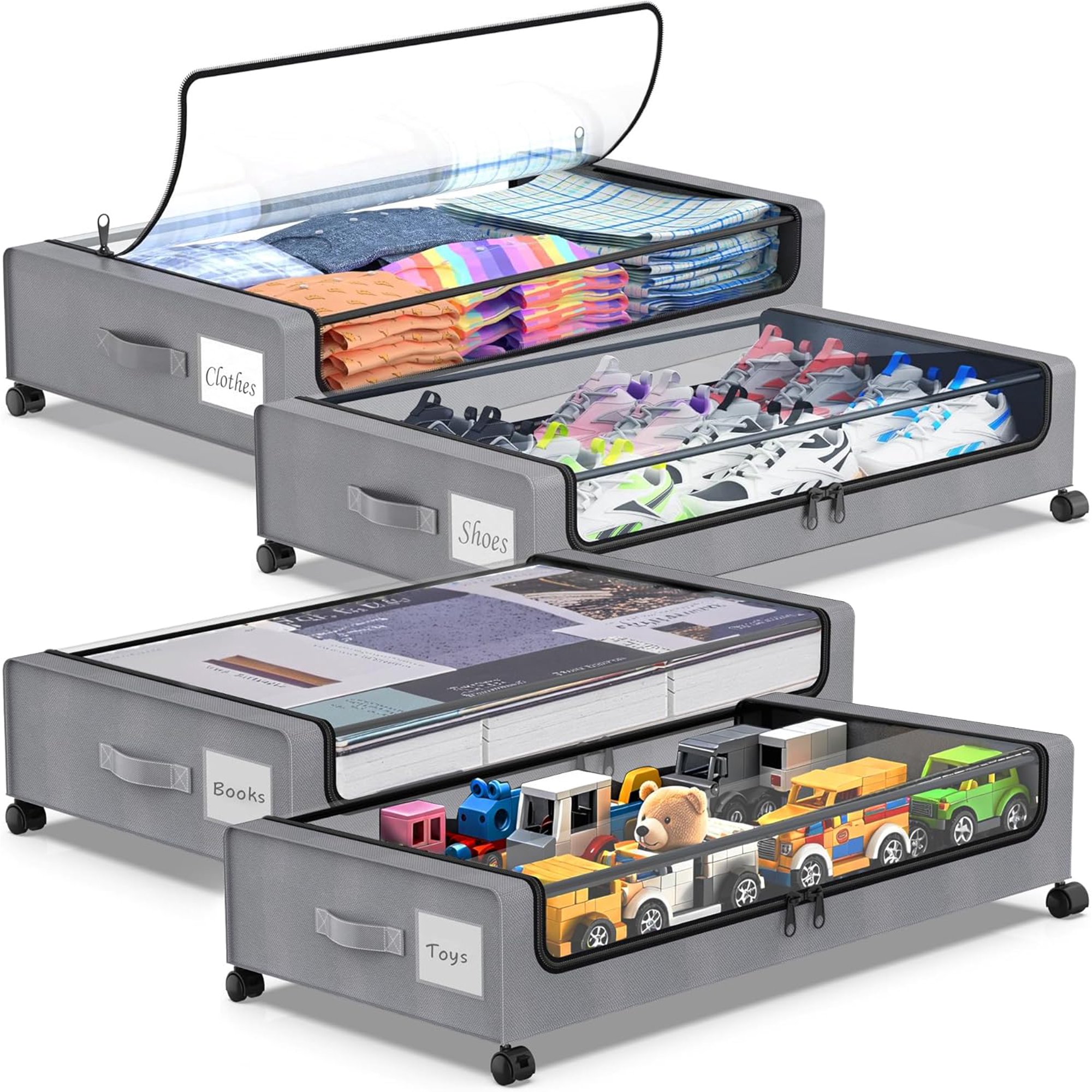 Under Bed Storage with Wheels, 4-Pack Under Bed Storage Containers with Clear Lids, XXL 60L Under the bed storage Organizer Bins