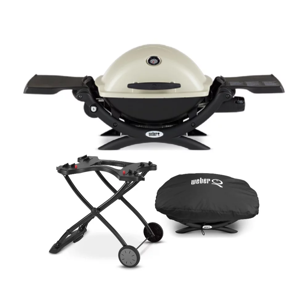 Weber Q 2200 Gas Grill (LP Gas, Titanium) with Portable Cart and Grill Cover