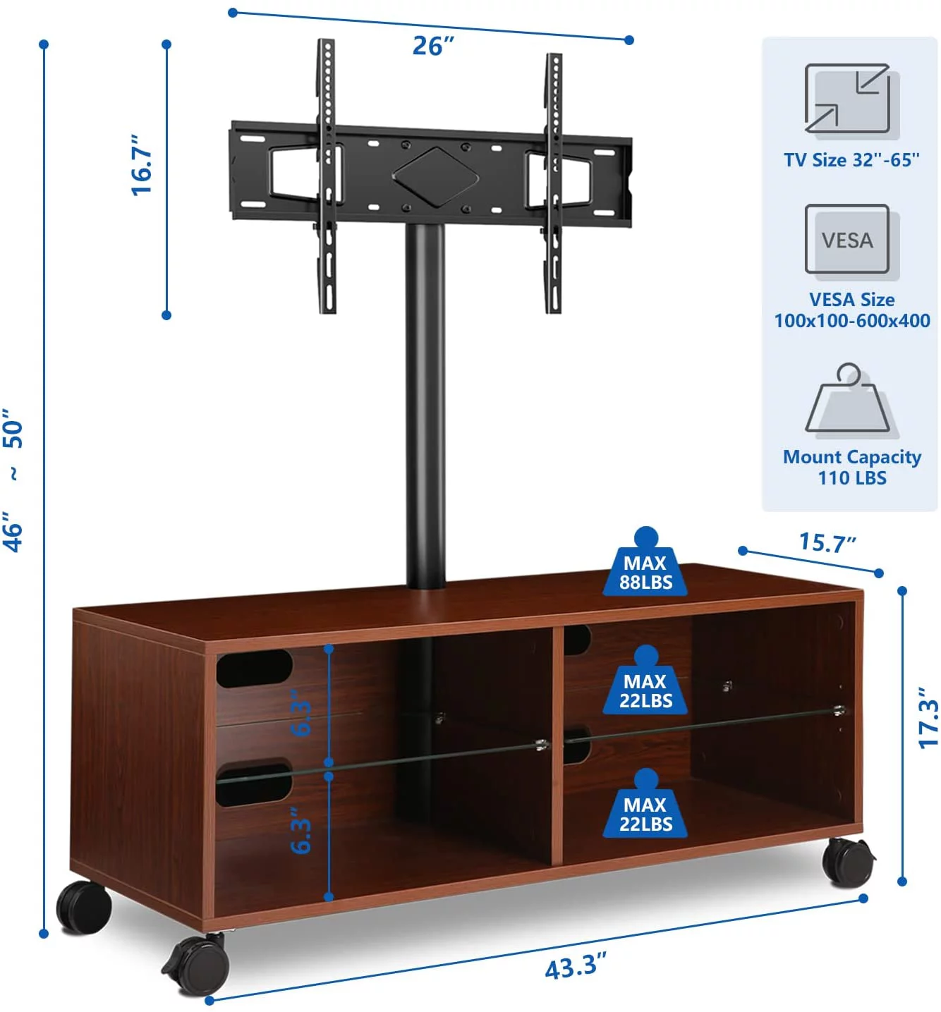 YOMT Wood Storage TV Stand with Mount for TVs up to 65" Rolling Wheels Brown