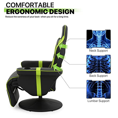 Magshion 360° Swivel Gaming Recliner Chair, Ergonomic PU Leather Reclining Chair with Adjustable Backrest, Footrest, Cup Holder & Neck Support