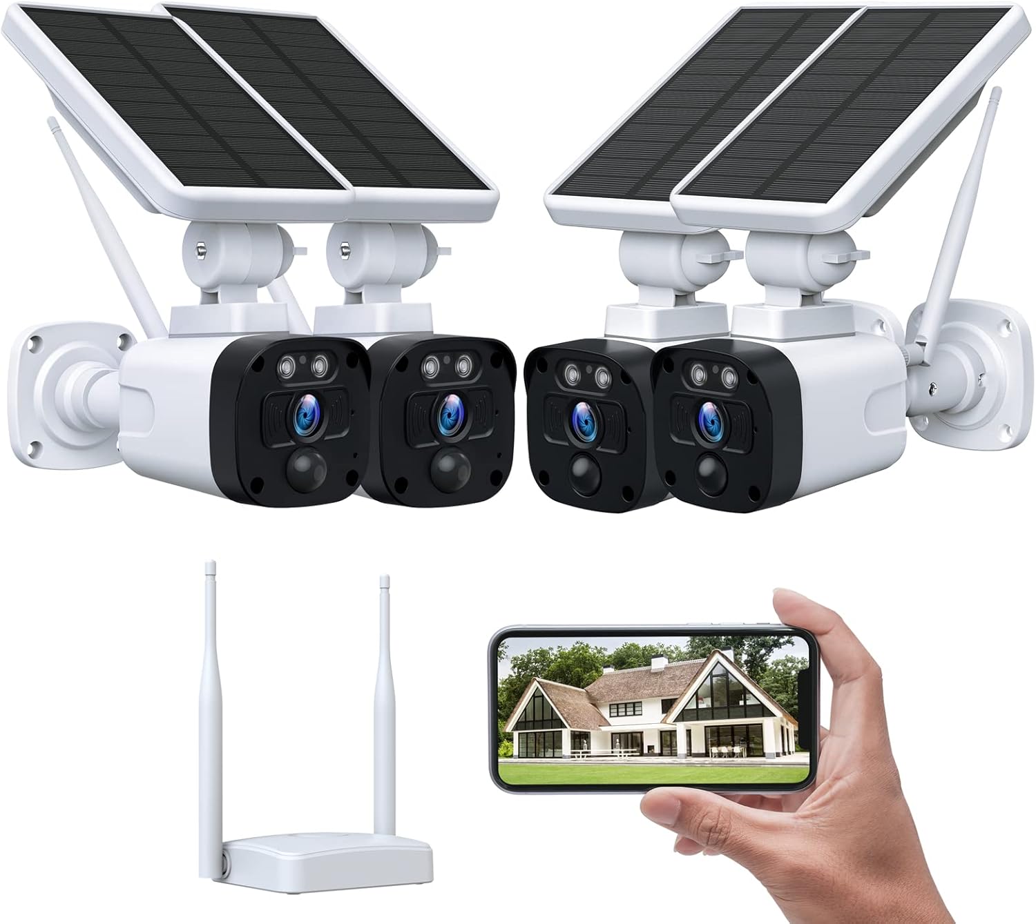 Wireless Solar Security Camera Outdoor, WiFi Security Camera System for Home Security with Base Station and 4 Cameras