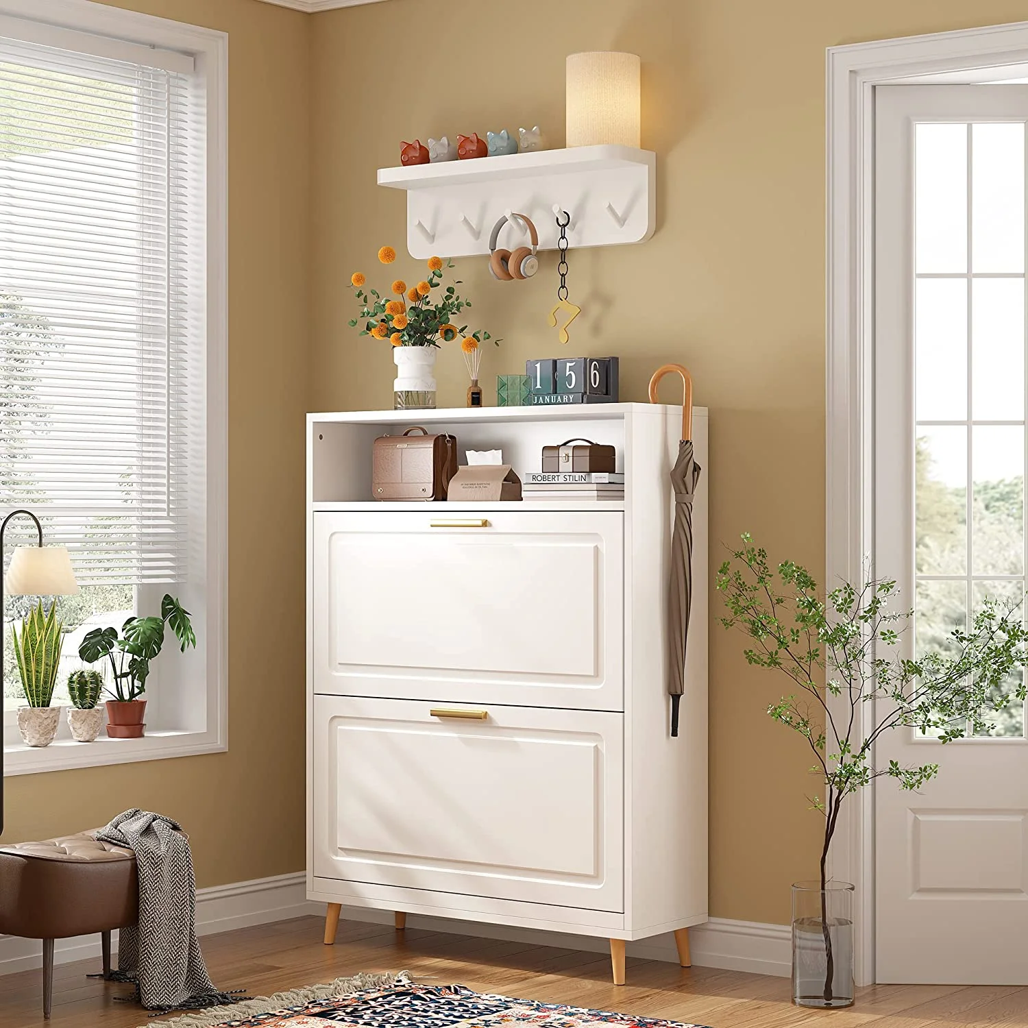 Shoe Cabinet for Entryway Slim Entryway Shoe Storage Cabinet with 2 Flip Drawers Size up to Men's 13 White Narrow Shoe Cabinet Freestanding Hidden