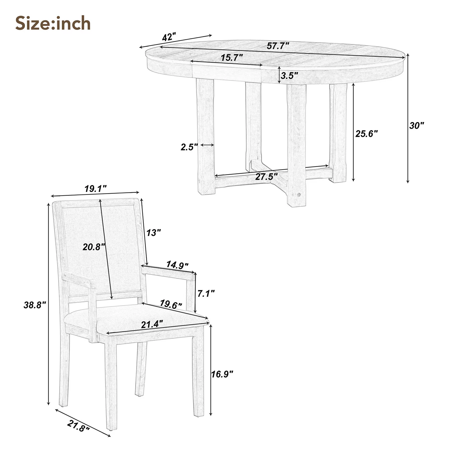 Churanty Farmhouse 5 Piece Round Dining Table Set for 4,Two Size Round to Oval Extendable Butterfly Leaf Wood Dining Table with 4 Upholstered Chairs