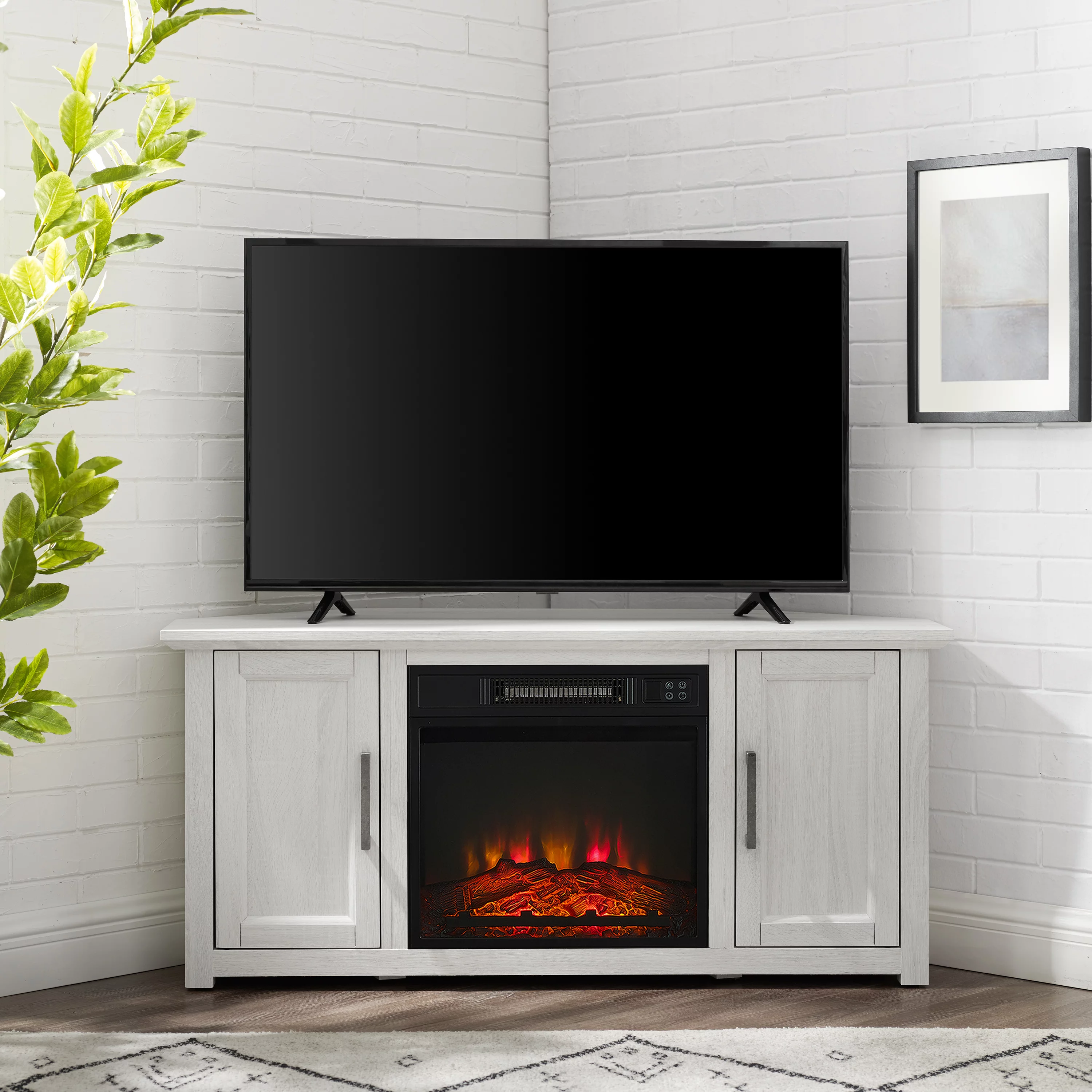 Crosley Furniture Camden 48"Wood Corner TV Stand with Fireplace in Whitewash