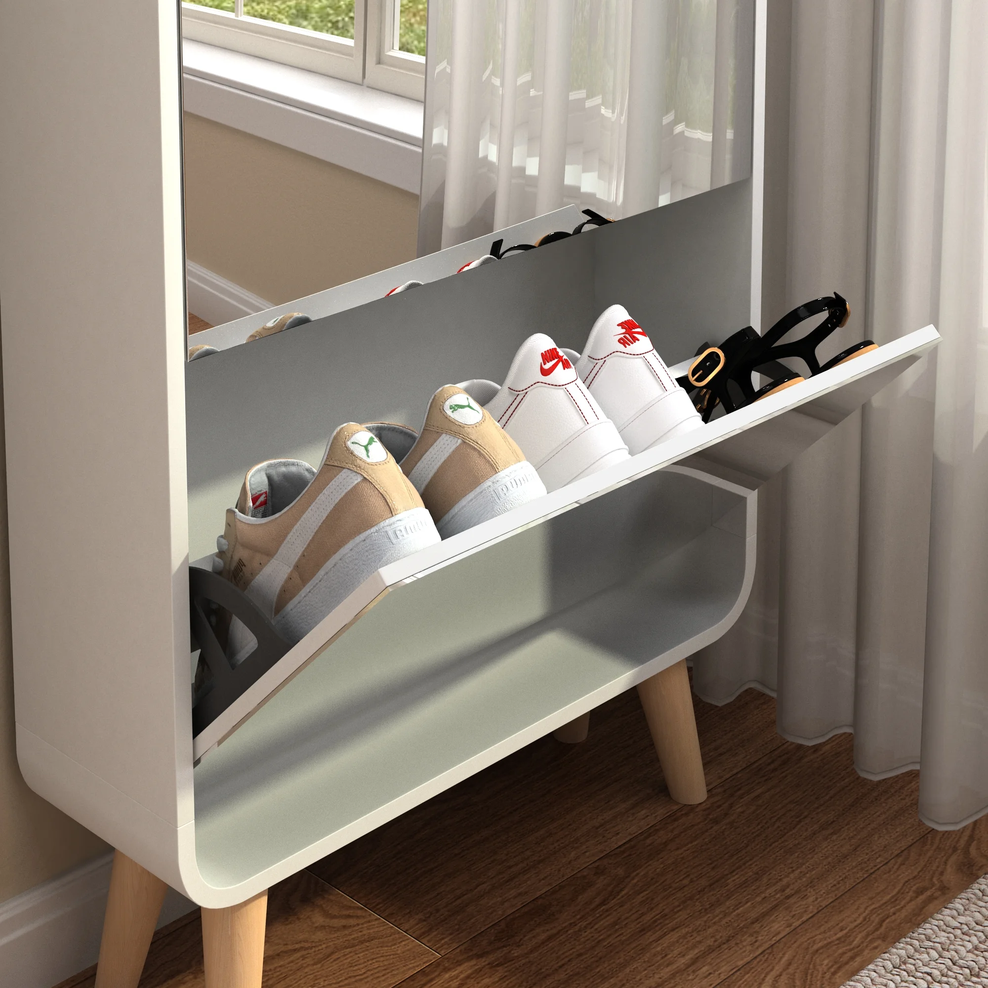 Holaki Shoe Cabinet, 4 Flip Drawers Free Standing Shoe Rack with Mirror, White Wood Slim Shoe Storage Cabinet for Entryway, Hallway, and Corridor