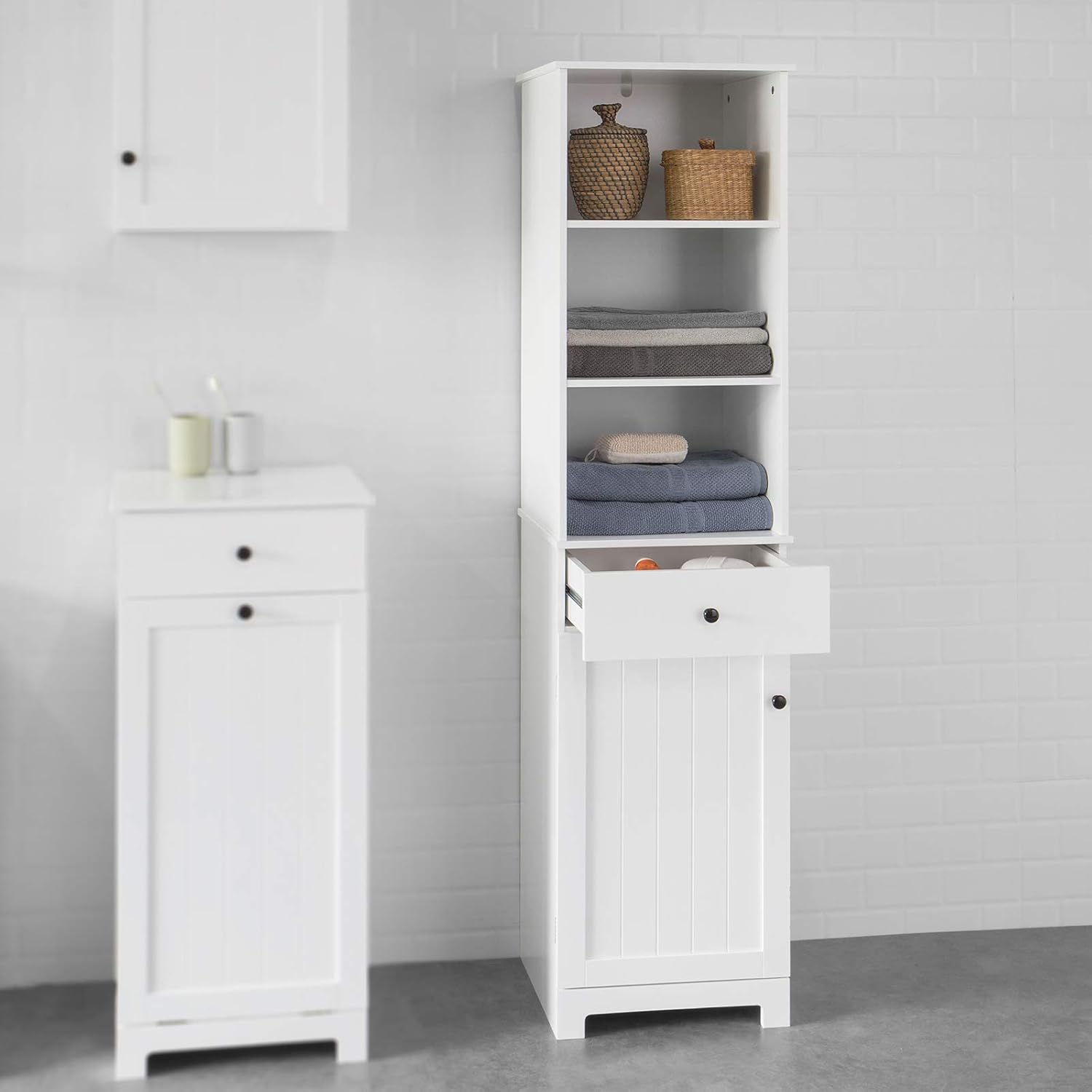 Haotian White Floor Standing Tall Bathroom Storage Cabinet with Shelves and Drawers,Linen Tower Bath Cabinet, Cabinet with Shelf,FRG236-W