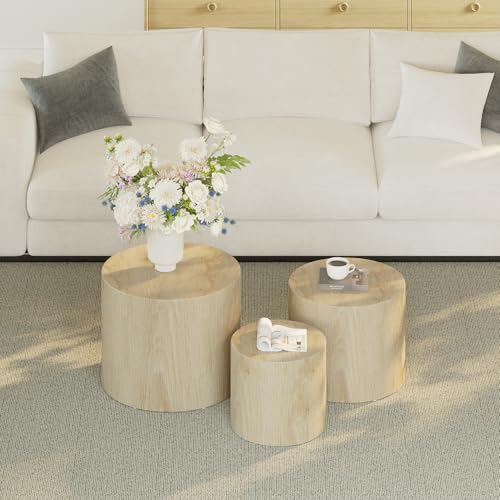 Vikiullf Nesting Coffee Table Set of 3, Round Wooden Coffee Tables, Modern Circle Table for Living Room, Bedroom, Accent Side Table