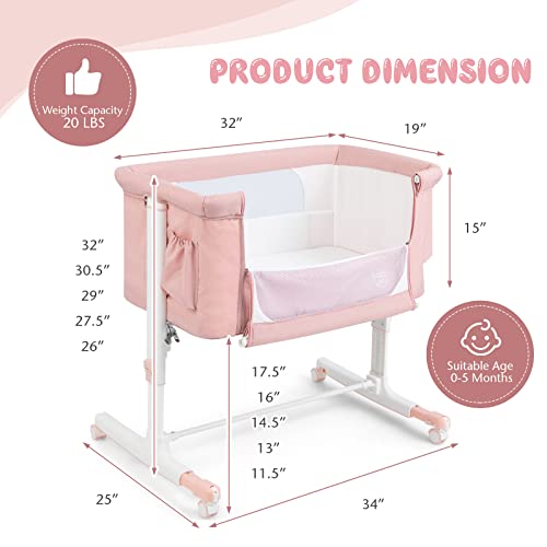 BABY JOY Bassinet Bedside Sleeper, 3 in 1 Folding Crib w/Adjustable Height, Mattress, Lockable Wheels, Storage Pocket & Carry Bag for Infant Newborn