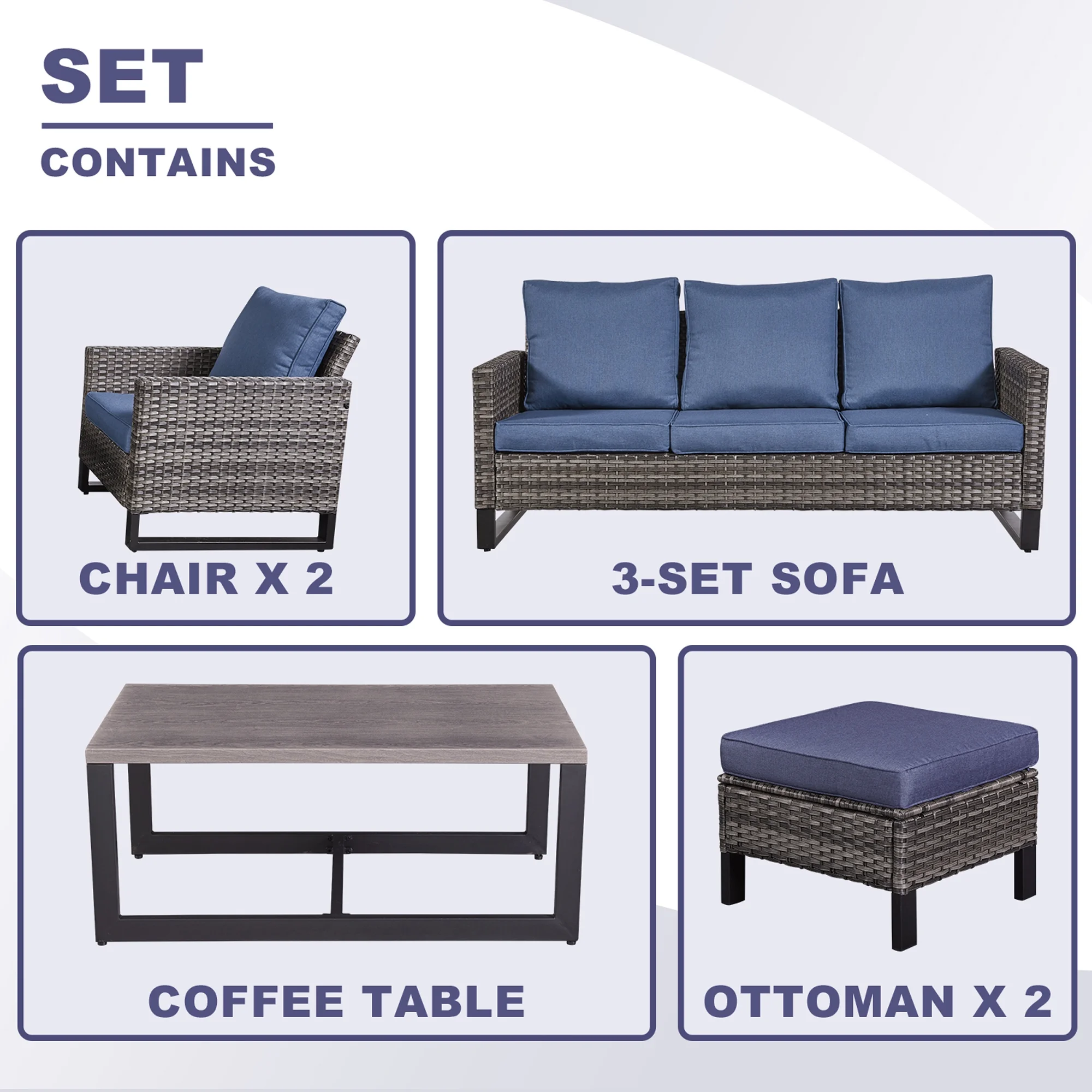 PARKWELL 6Pcs Patio Rattan Wicker Outdoor Conversation Sets 5 - Person Seating Group Patio Furniture Set, including Sofa, Chairs