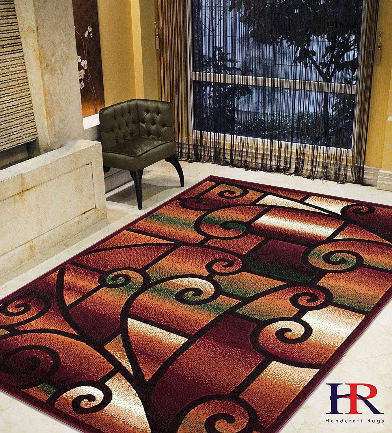 Handcraft Rugs-Modern Contemporary Living Room Rugs-Abstract Carpet with Geometric Swirls Pattern-Burgundy/ Beige/Ivory/Chocolate (8x10 Feet)
