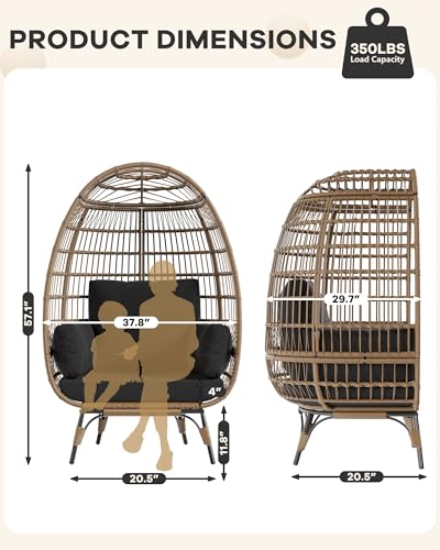 Oversized Wicker Egg Chair Outdoor, Patio Lounge Chair with Ultra Luxury Cushions & Steel Frame, 350LBs Capacity Egg Chair Indoor Outdoor for Balcony