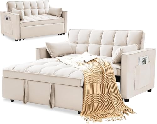 3 in 1 Sleeper Sofa Couch Bed, Velvet Convertible Loveseat Sleeper Sofa with 3 Level Adjustable Backrest, Storage Pockets, Toss Pillows