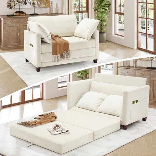 51" Loveseat Sleeper Sofa Bed, Chenille Convertible Floor Sofa Bed for Small Spaces, Folding Couch Bed with Deep Seat, 2 Pillows & Solid Frame