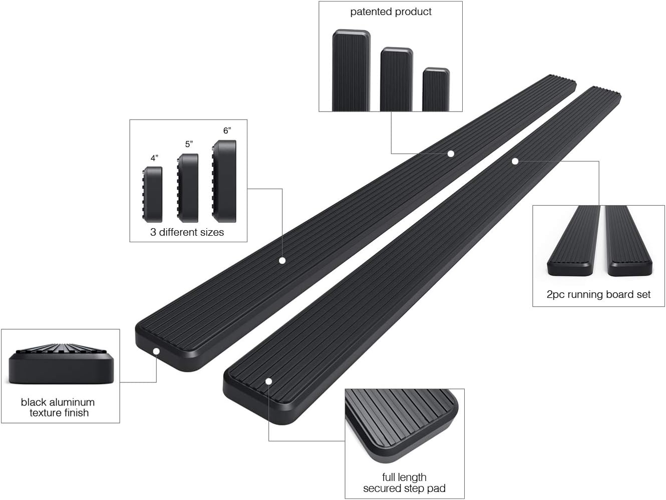 APS Premium 6in Black iBoard Running Boards Compatible with Ford Ranger SuperCrew Cab 19-22